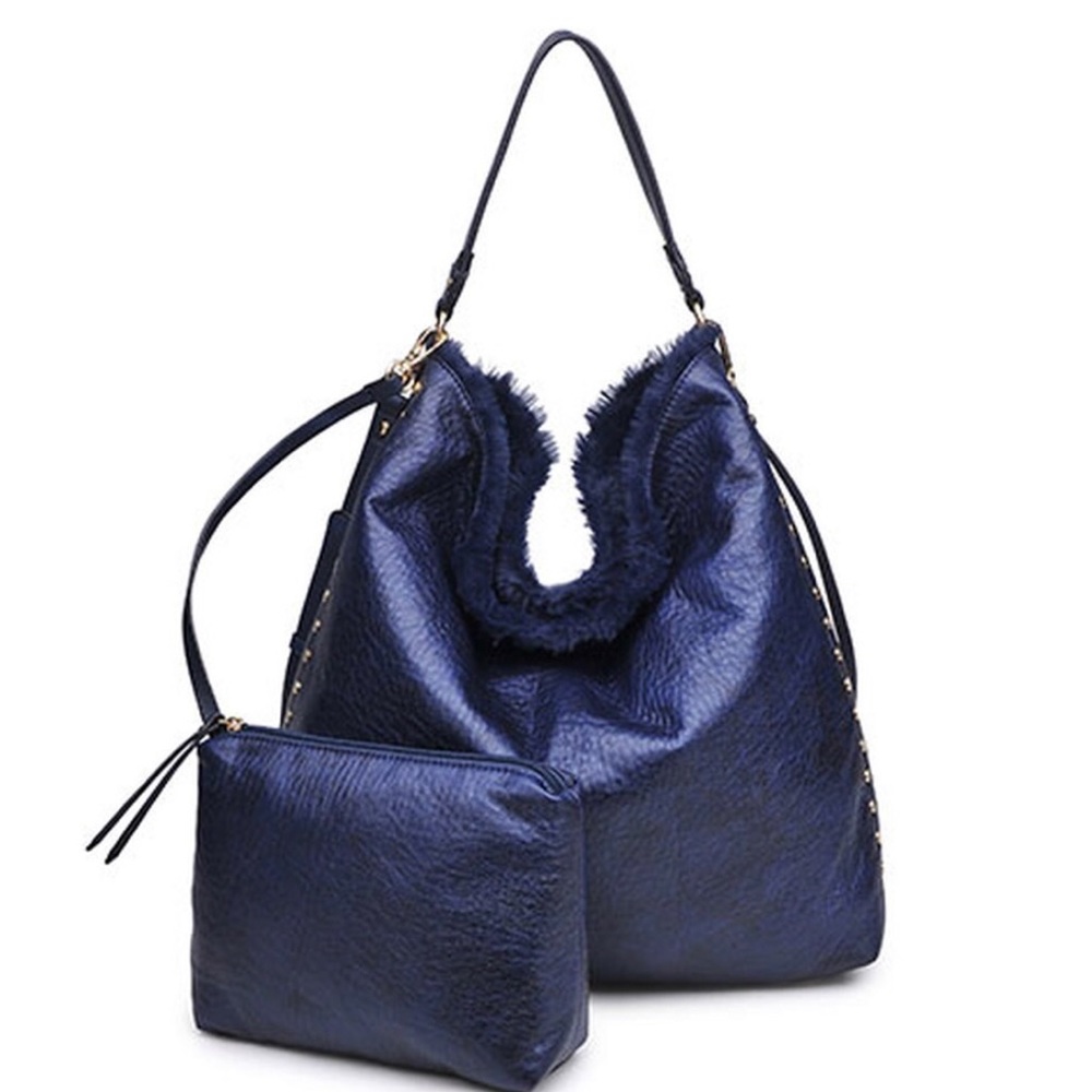 Reversible Fur Slouchy Hobo Bag in Navy,Boutique